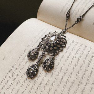 36" Avon Gun Metal Black Chain Rhinestone Jewel Victorian Oval Pendant Necklace